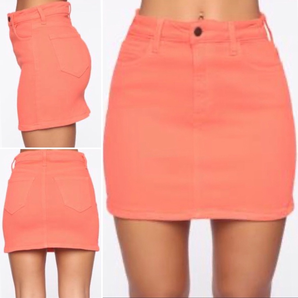 FASHION NOVA—NEON CORAL STRETCH—5 POCKET DENIM—MINI SKIRT!! (BNWT/IN ORIGINAL)!!